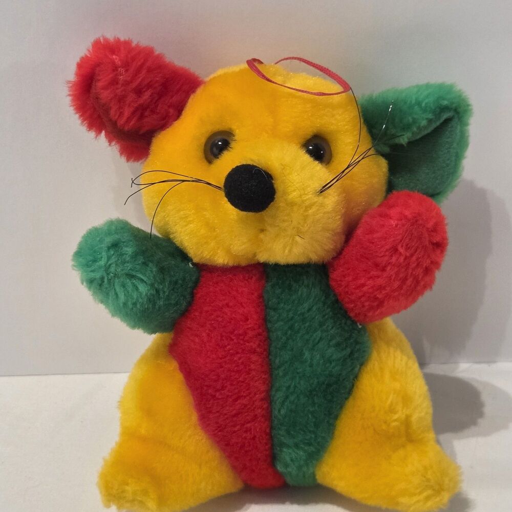 Vintage Plush Mouse by Dan Brechner Plush Toy Co. 7" Color Block Red Gold Green
